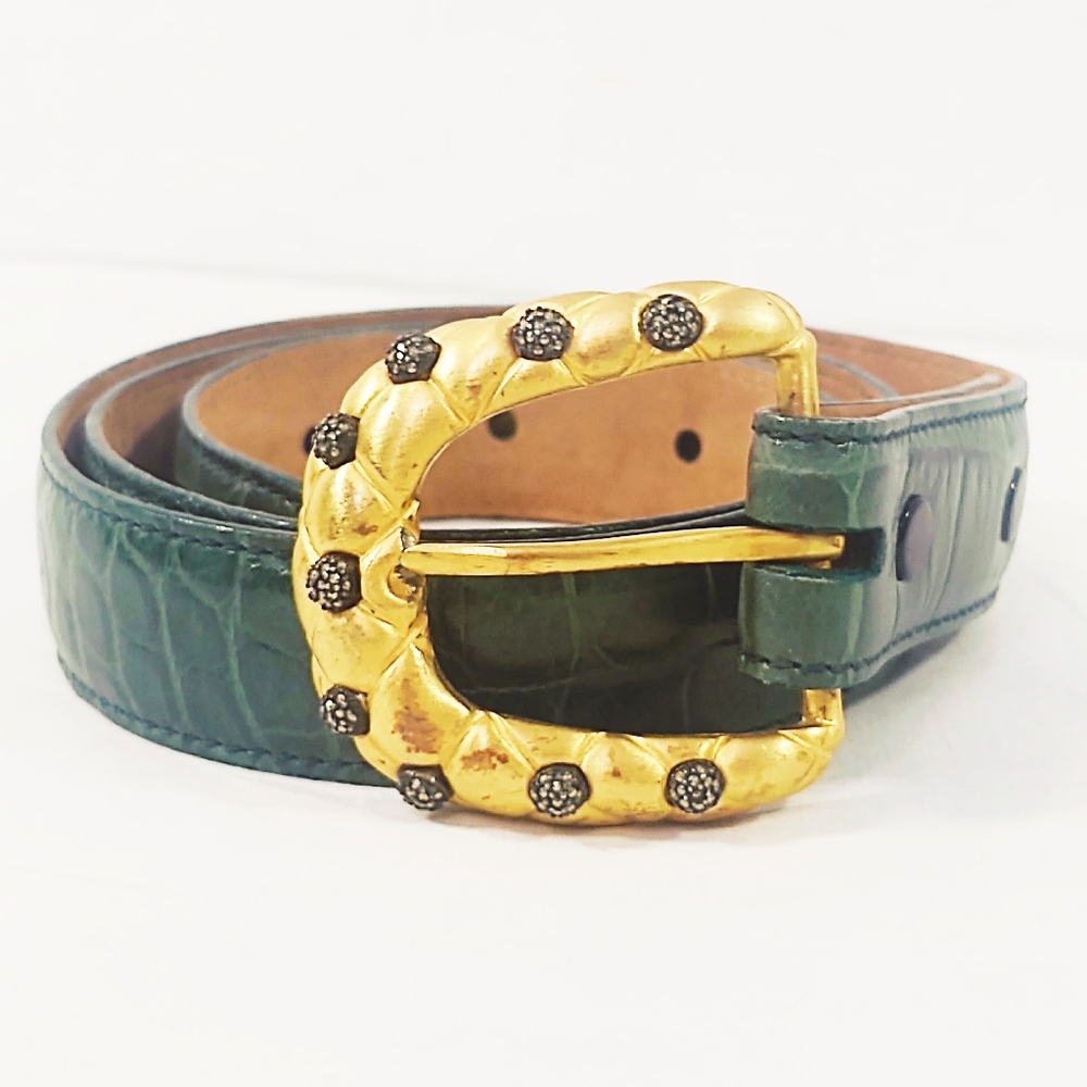 Vintage Judith Jack Green Alligator Belt/Gold & Marcasite Buckle- Small